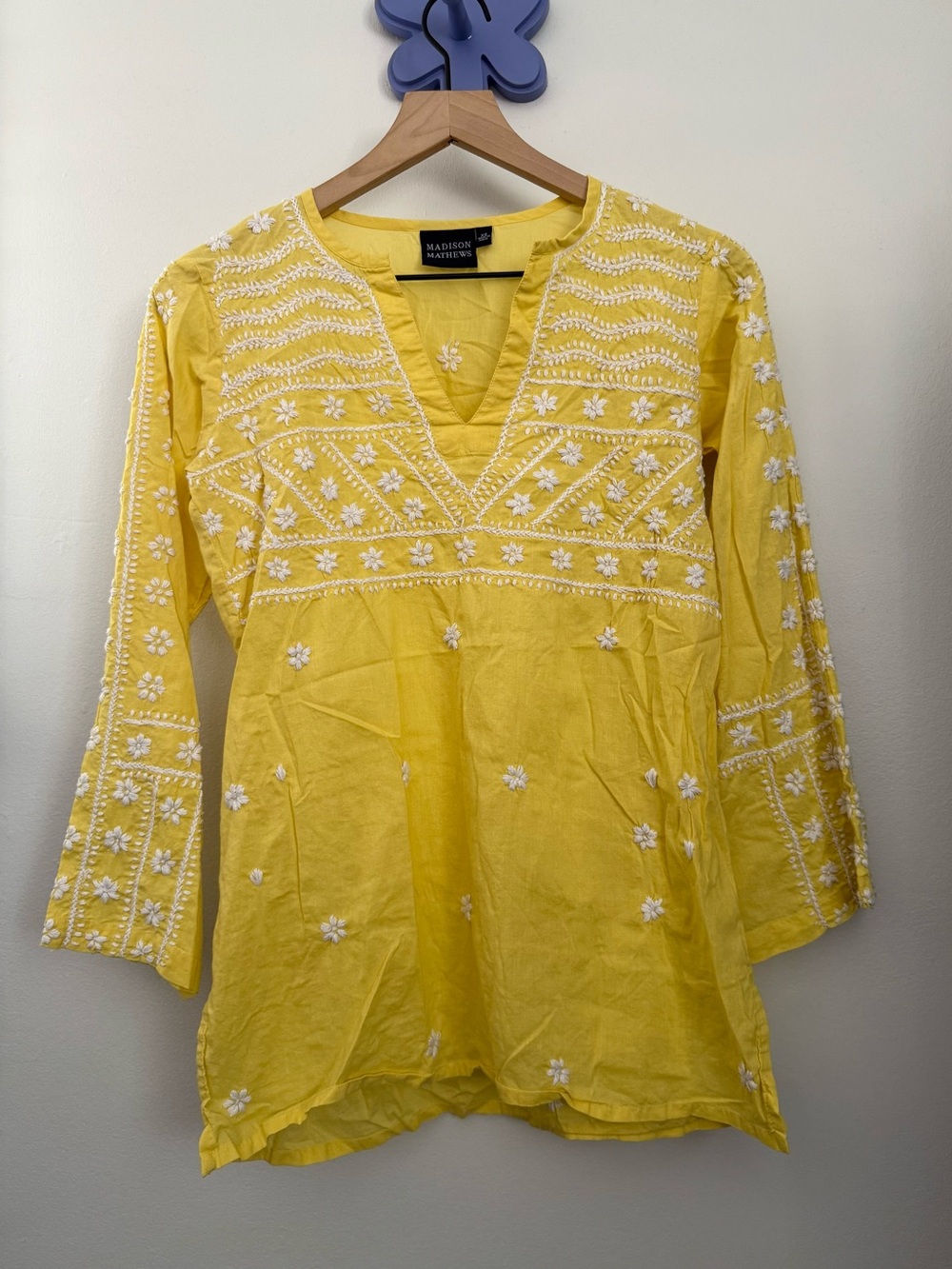 Madison Mathews XS Yellow Embroidered Blouse Coastal Relaxed Boho Peasant Puebla